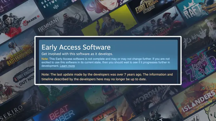 Tampilan peringatan game early access yang terlantar di Steam
