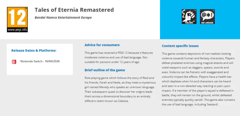 Tales of Eternia in PEGI page