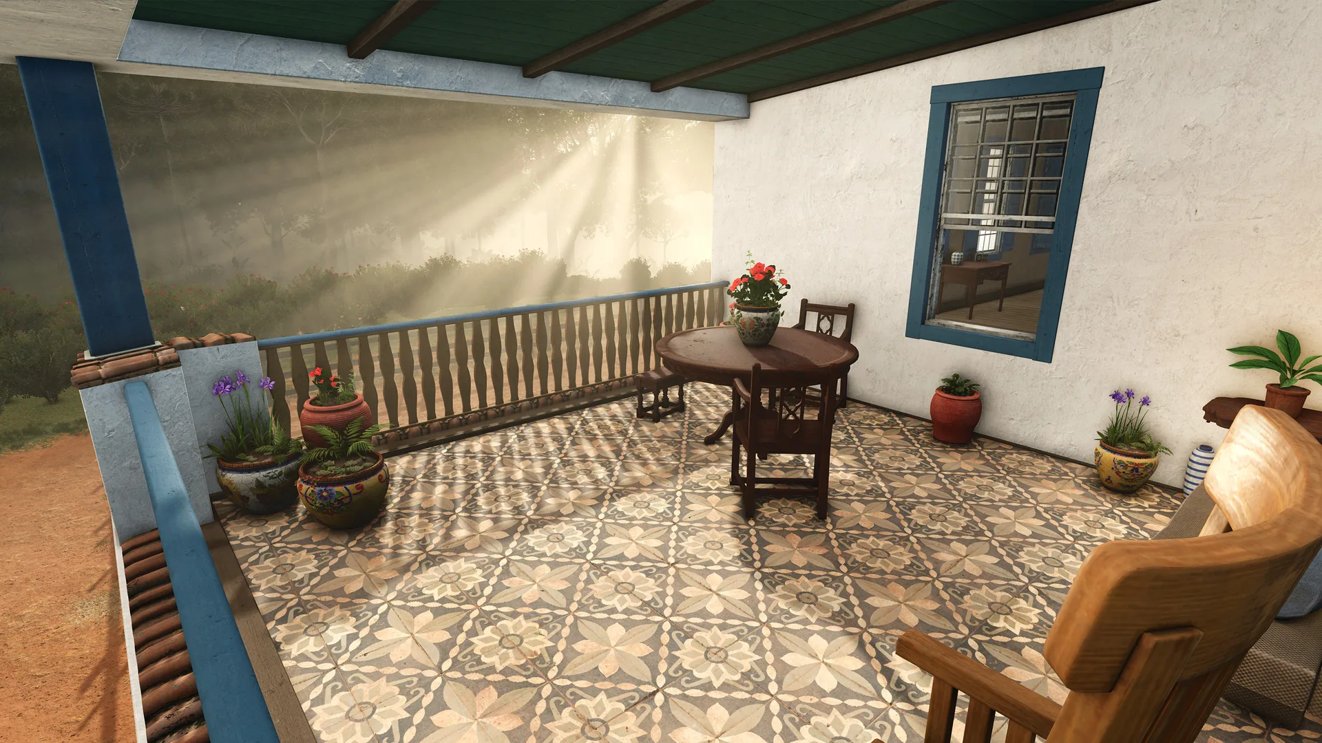 Teras rumah pertanian di Farming Simulator 25 Beans & Alpacas