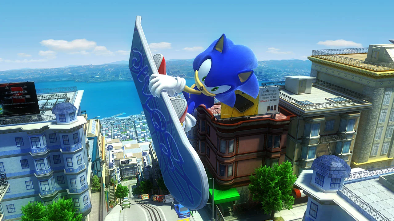 Sonic meluncur dengan papan di SONIC X SHADOW GENERATIONS